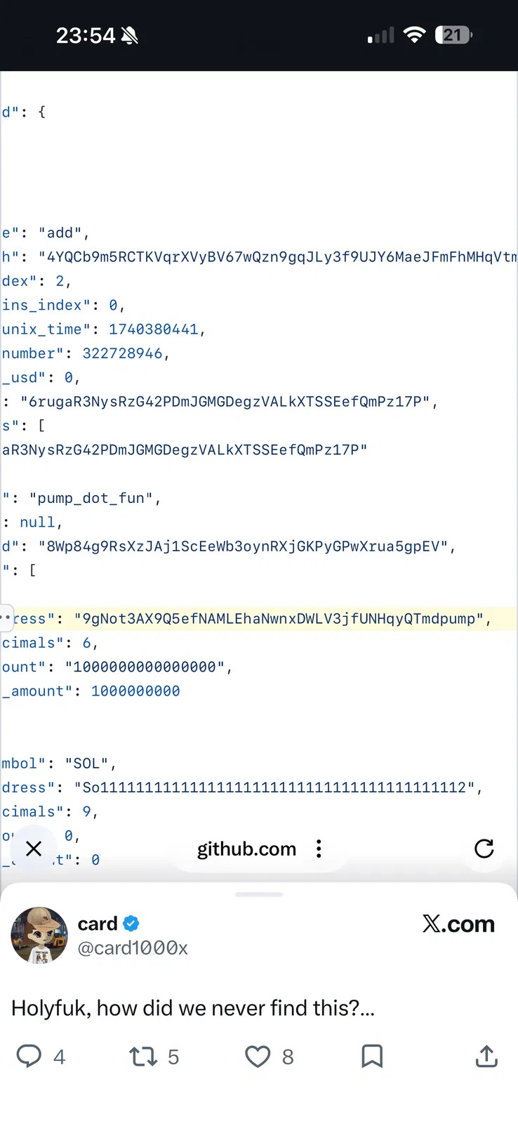 Screenshot showing the Giga Pepe contract address in GitHub OpenAPI data, with an X post reacting to the discovery
